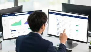 Profissional analisando resultados como afiliado Magalu em dois monitores