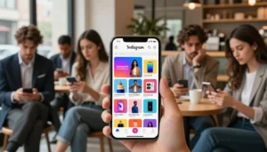 Celular exibindo anúncio no Instagram com usuários ao fundo