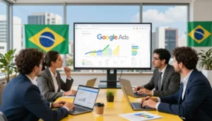 Equipe analisando tráfego pago Google Ads em reunião com gráficos