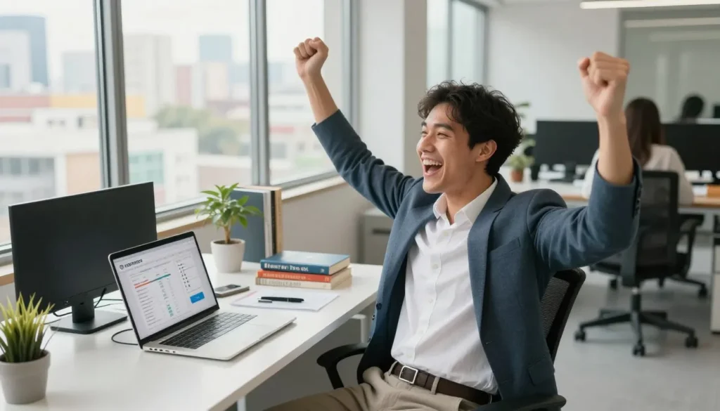 Homem comemorando resultados como afiliado Hotmart no notebook