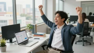 Homem comemorando resultados como afiliado Hotmart no notebook