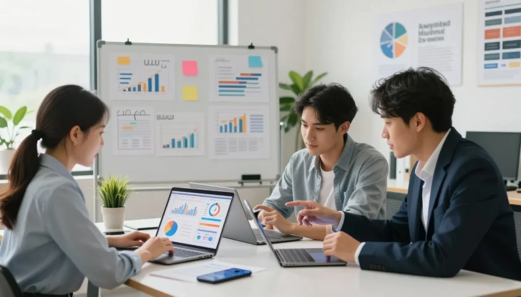 Equipe analisando dados para renda extra na internet em projetos digitais