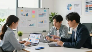 Equipe analisando dados para renda extra na internet em projetos digitais