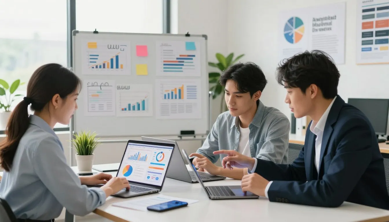 Equipe analisando dados para renda extra na internet em projetos digitais