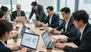 Equipe analisando campanhas de tráfego pago no Instagram em notebooks