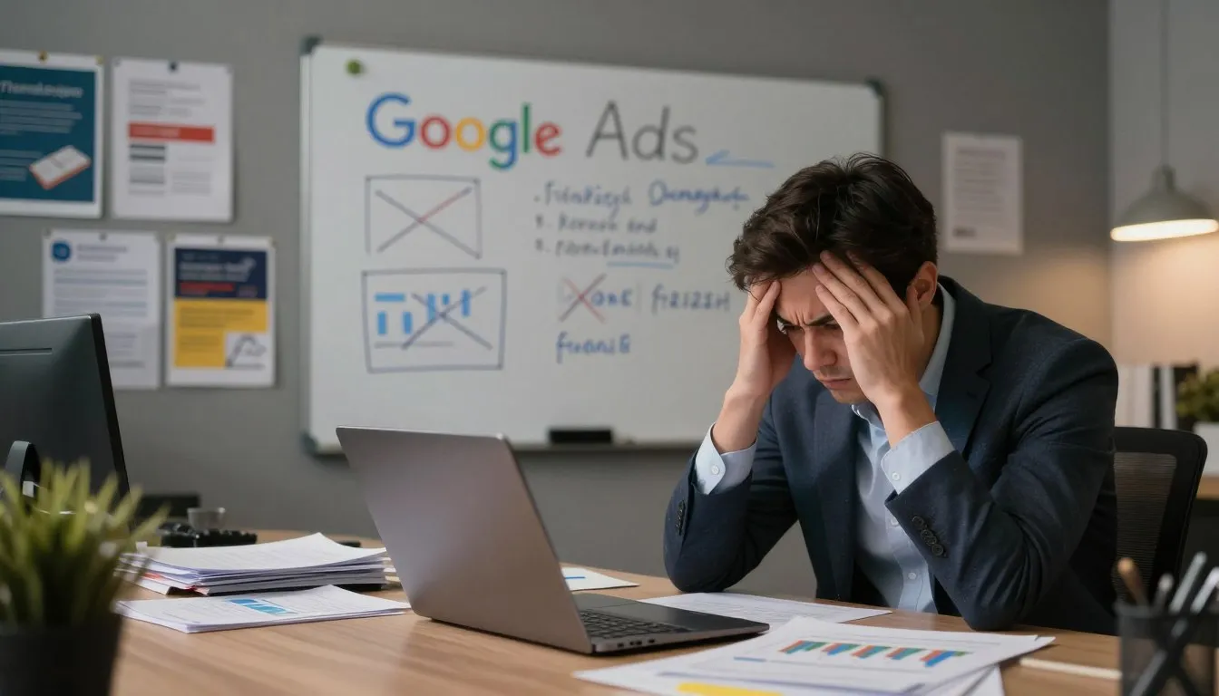Homem analisando erros de tráfego pago no Google Ads no notebook