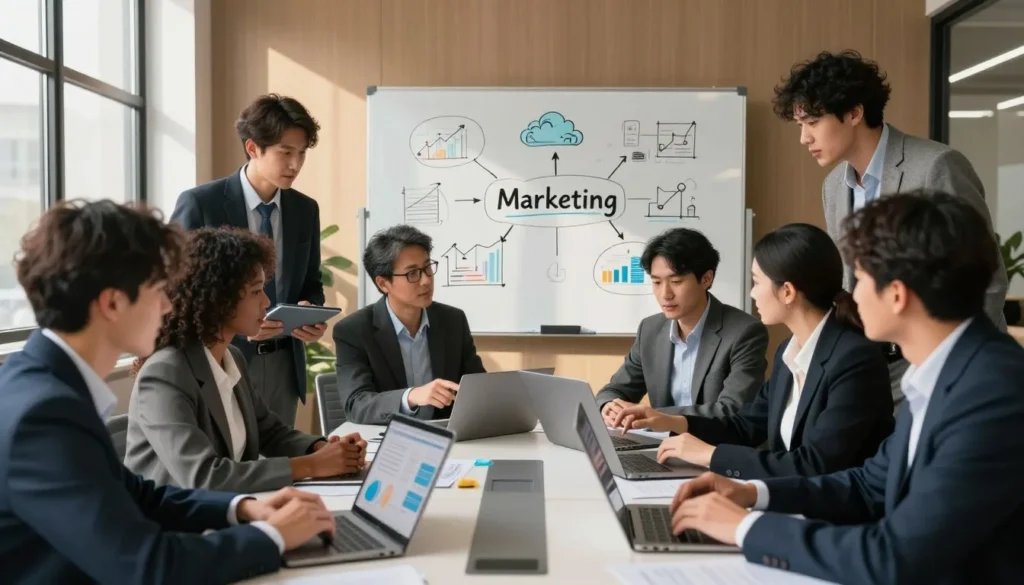 Equipe discutindo estratégias como eduzz afiliado em reunião de marketing