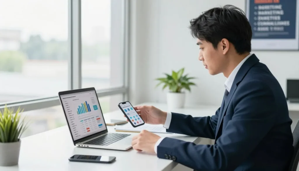 Profissional analisando vendas como afiliado Hotmart no notebook e celular