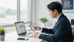 Profissional analisando vendas como afiliado Hotmart no notebook e celular