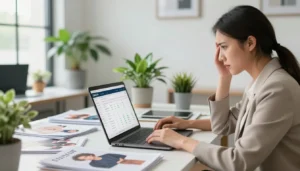 Mulher analisando resultados como afiliado Shein no notebook