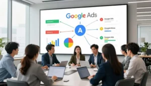 Equipe discutindo estratégias de trafego pago google ads em reunião