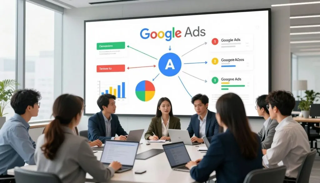 Equipe discutindo estratégias de trafego pago google ads em reunião