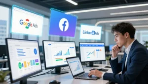 Profissional analisando estratégias de trafego pago em múltiplas plataformas