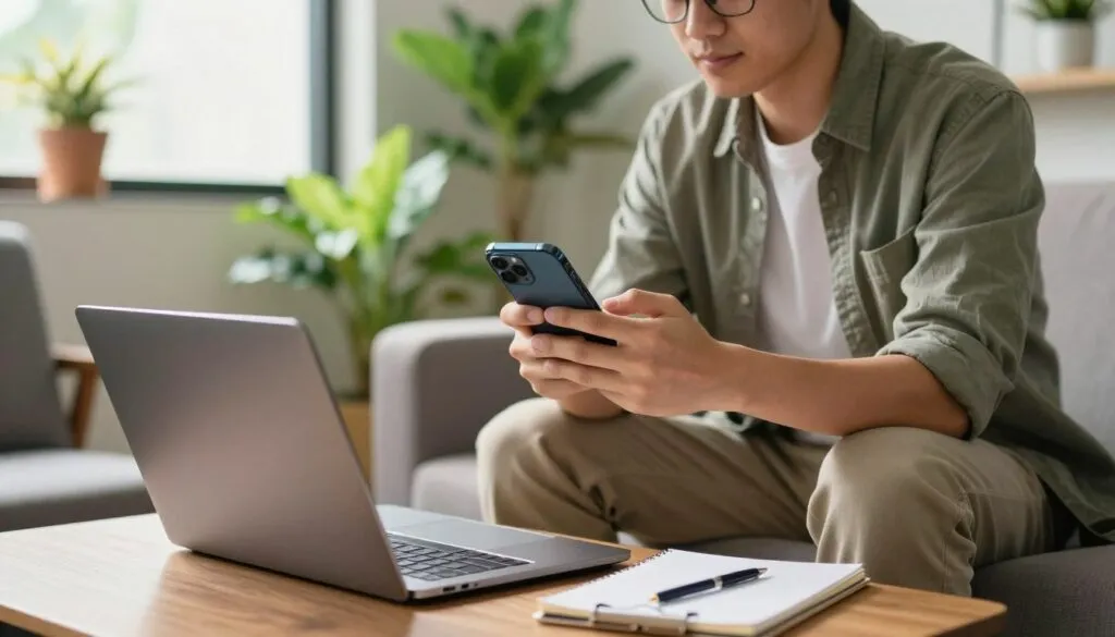 Pessoa trabalhando online pelo celular com notebook ao lado