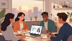 Equipe trabalhando como afiliado Shein com notebook aberto