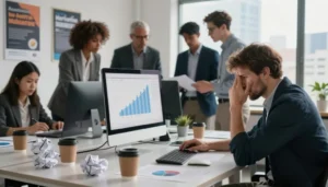 Equipe enfrentando dificuldades como eduzz afiliado analisando resultados