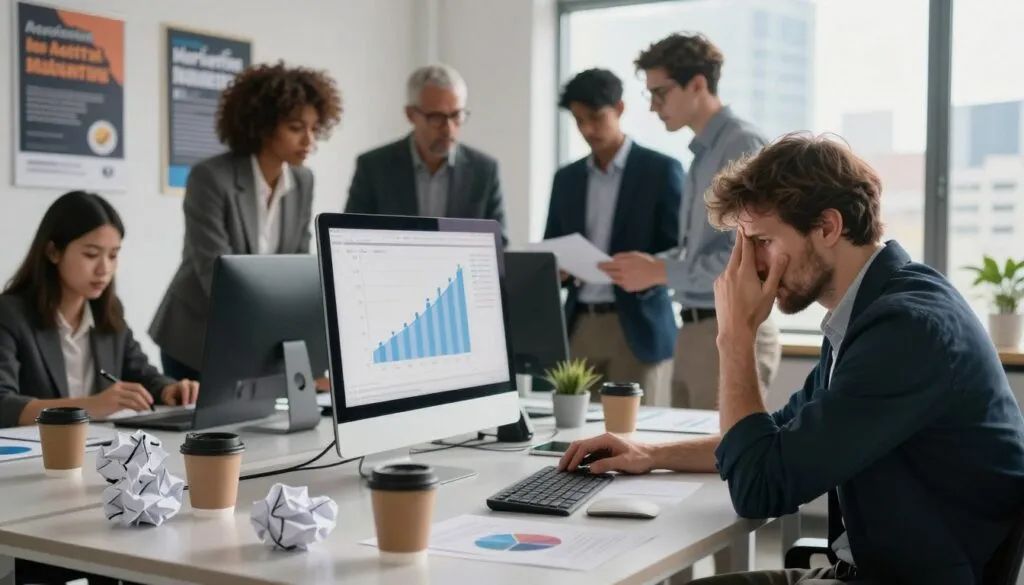 Equipe enfrentando dificuldades como eduzz afiliado analisando resultados