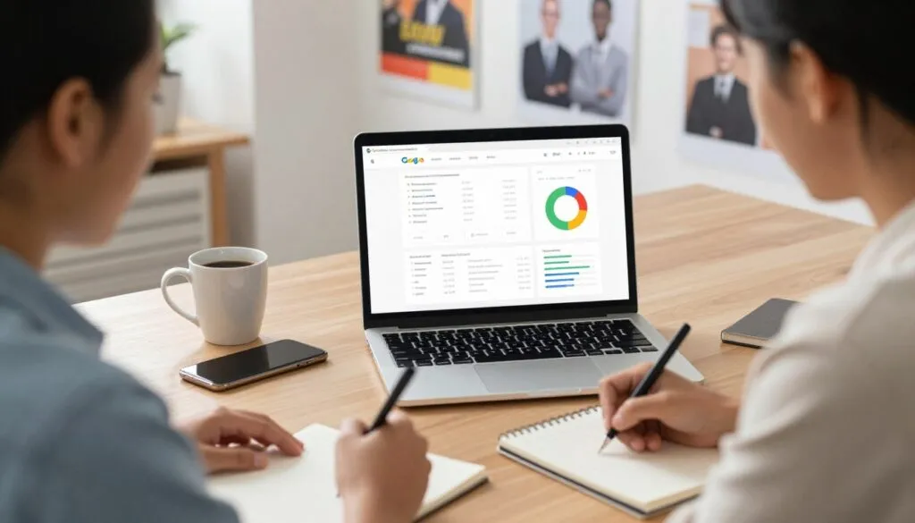 Profissionais analisando dados de tráfego pago google ads no notebook