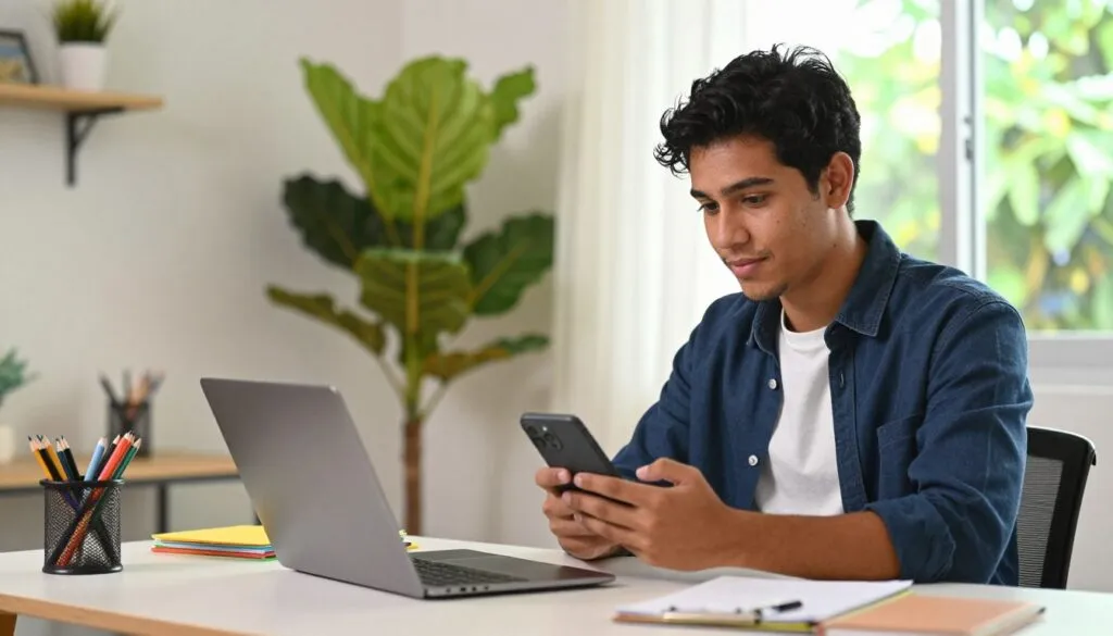 Pessoa fazendo trabalho online pelo celular enquanto usa notebook