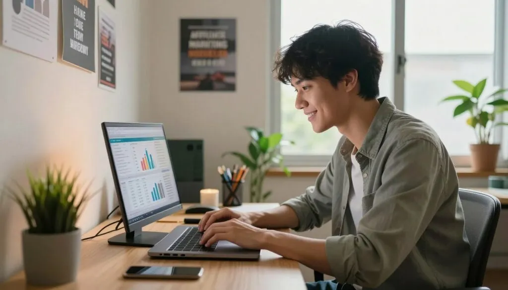 Pessoa trabalhando como afiliado magalu analisando resultados no computador