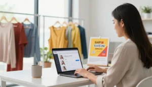 Pessoa trabalhando como afiliado shein gerenciando loja de roupas online