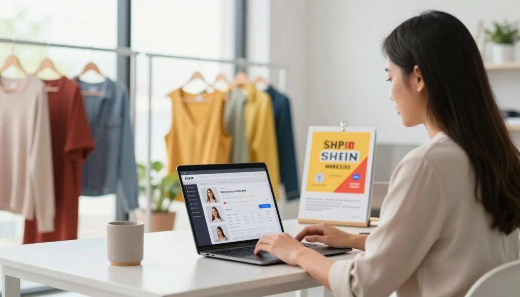 Pessoa trabalhando como afiliado shein gerenciando loja de roupas online