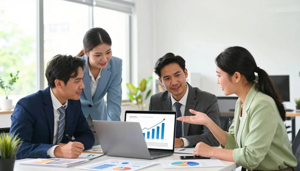 Equipe planejando estratégias como afiliado hotmart analisando resultados