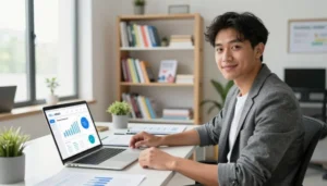 Pessoa trabalhando como eduzz afiliado analisando desempenho no notebook