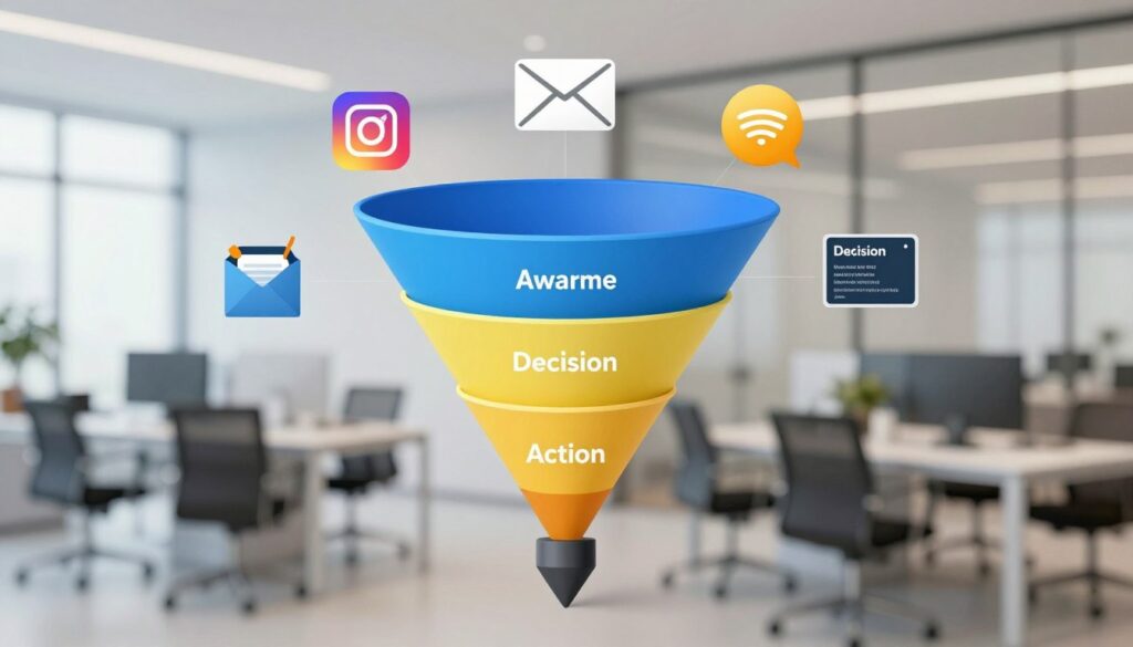 Ilustração de funil de marketing representando a importância do funil de vendas no Meta Ads.