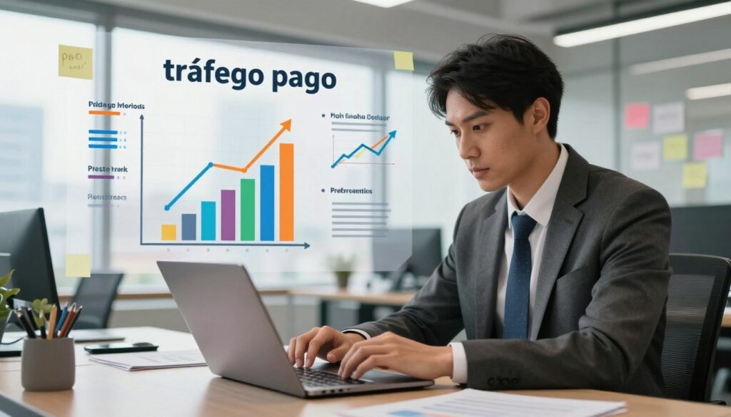 Profissional analisando métricas para gastar menos no tráfego pago e otimizar campanhas.