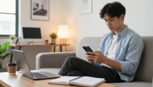 Pessoa usando o celular para trabalhar online e gerar renda pela internet de forma prática e acessível.