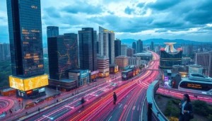 Vista urbana com fluxo intenso de movimento e luzes, simbolizando o aumento de visibilidade e alcance proporcionado pelo tr&aacute;fego pago.