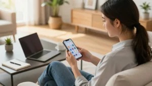 Mulher usando celular no sofá para trabalhar online e acessar aplicativos de renda pela internet.