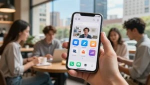 Celular exibindo aplicativos enquanto pessoas trabalham em ambiente colaborativo.