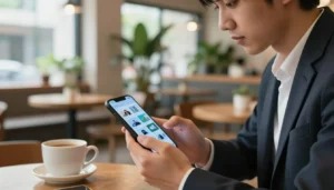 Homem utilizando smartphone em cafeteria para trabalhar online e ganhar dinheiro pela internet.