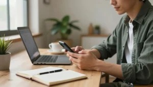 Homem utilizando celular e notebook para trabalhos online pelo celular em casa.