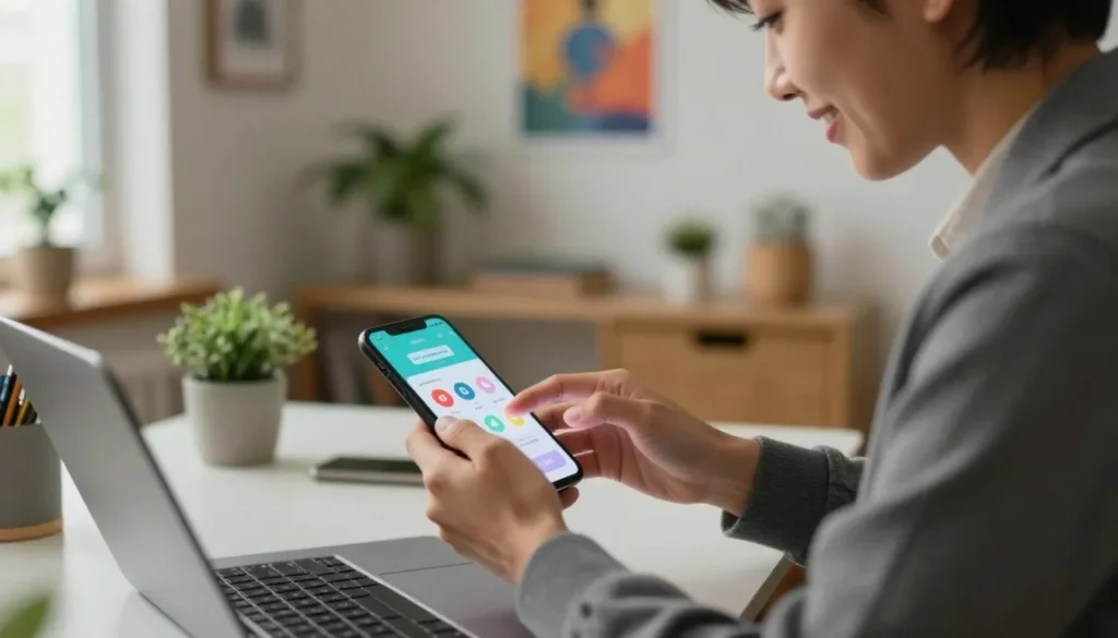 Pessoa utilizando celular para acessar aplicativos e realizar trabalhos online em casa.
