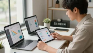 Pessoa trabalhando como afiliado Shein usando notebook e tablet