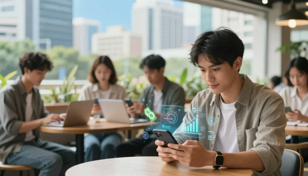 Jovem utilizando celular para trabalhe pelo celular online em ambiente colaborativo e digital