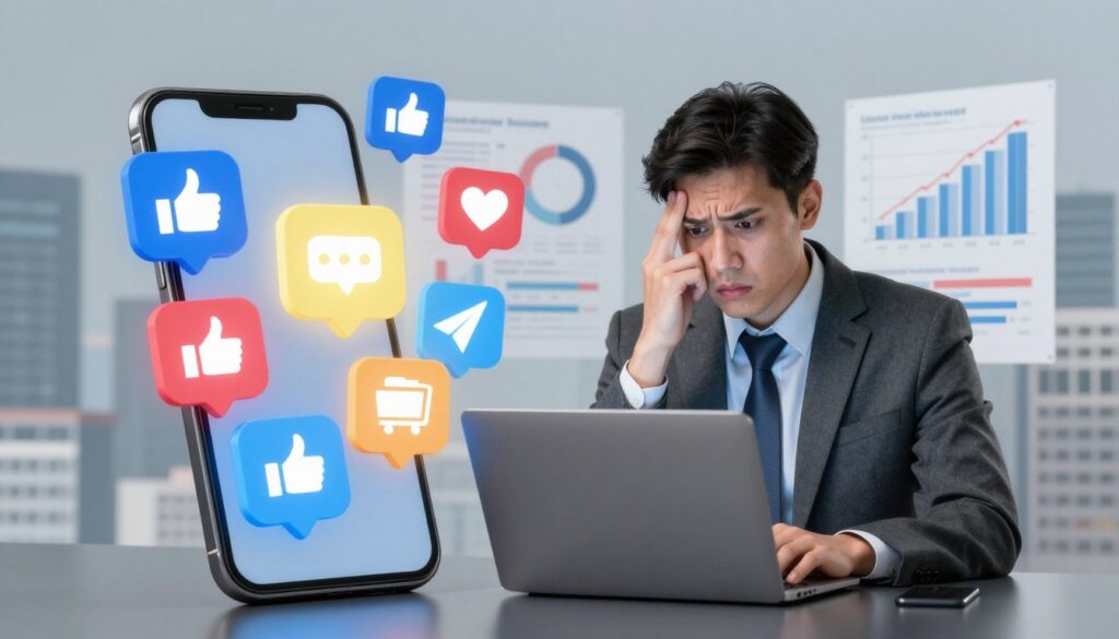 Profissional analisando resultados de campanhas onde curtidas não viram vendas.