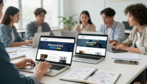 Grupo trabalhando em laptops para ganhar dinheiro na internet com projetos digitais