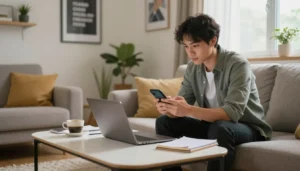 trabalho online pelo celular em casa usando smartphone e notebook