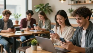 trabalho online pelo celular com pessoas usando smartphone e notebook
