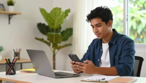 trabalho online pelo celular em casa com notebook e celular