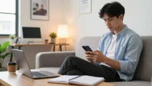 trabalho online pelo celular em casa com notebook e celular