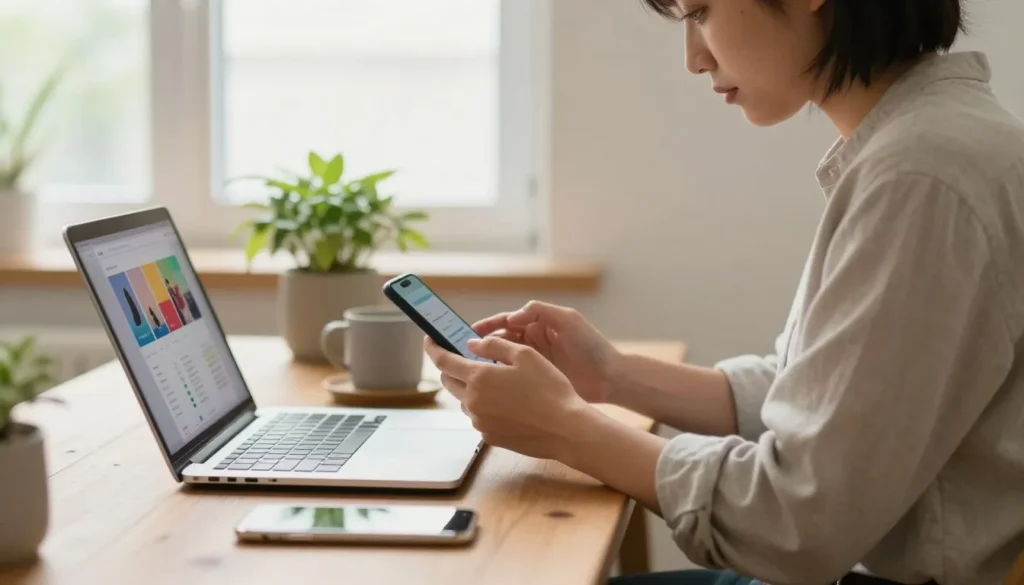 Trabalho online pelo celular em home office com notebook