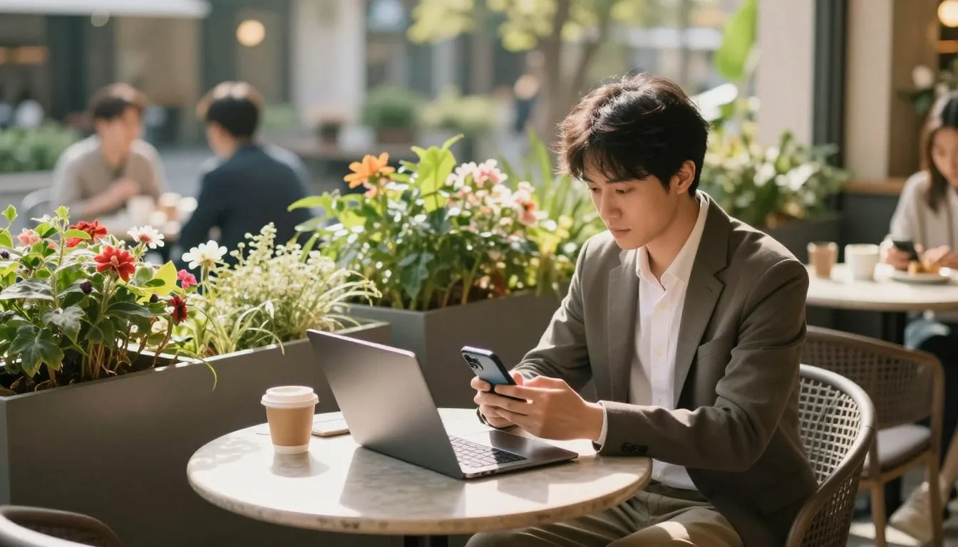Trabalho online pelo celular em cafeteria moderna