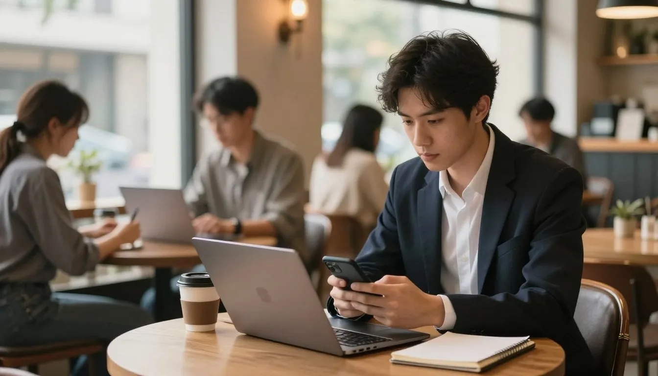 Jovem fazendo trabalho online pelo celular e notebook