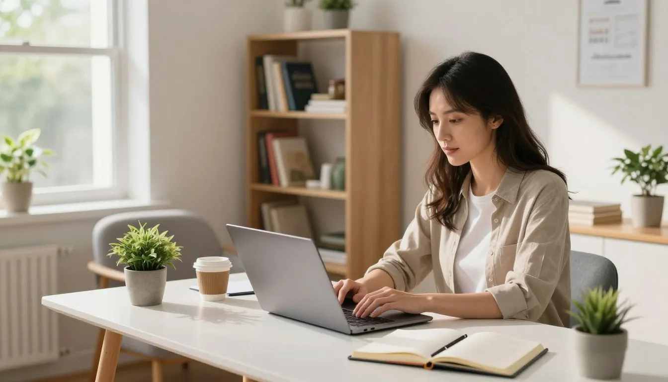 Mulher trabalhando pela internet em home office com notebook