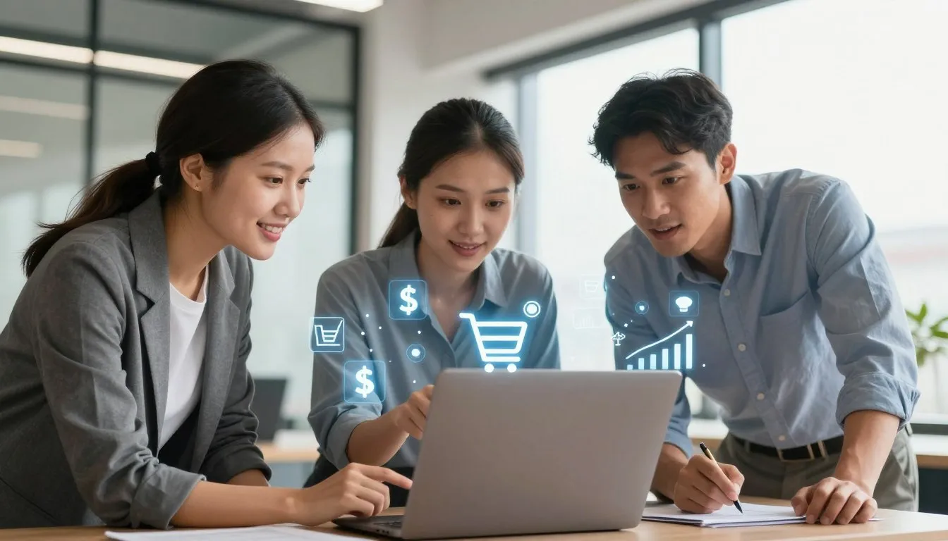 Pessoas analisando resultados de afiliado magalu em notebook com gr&aacute;ficos de vendas online